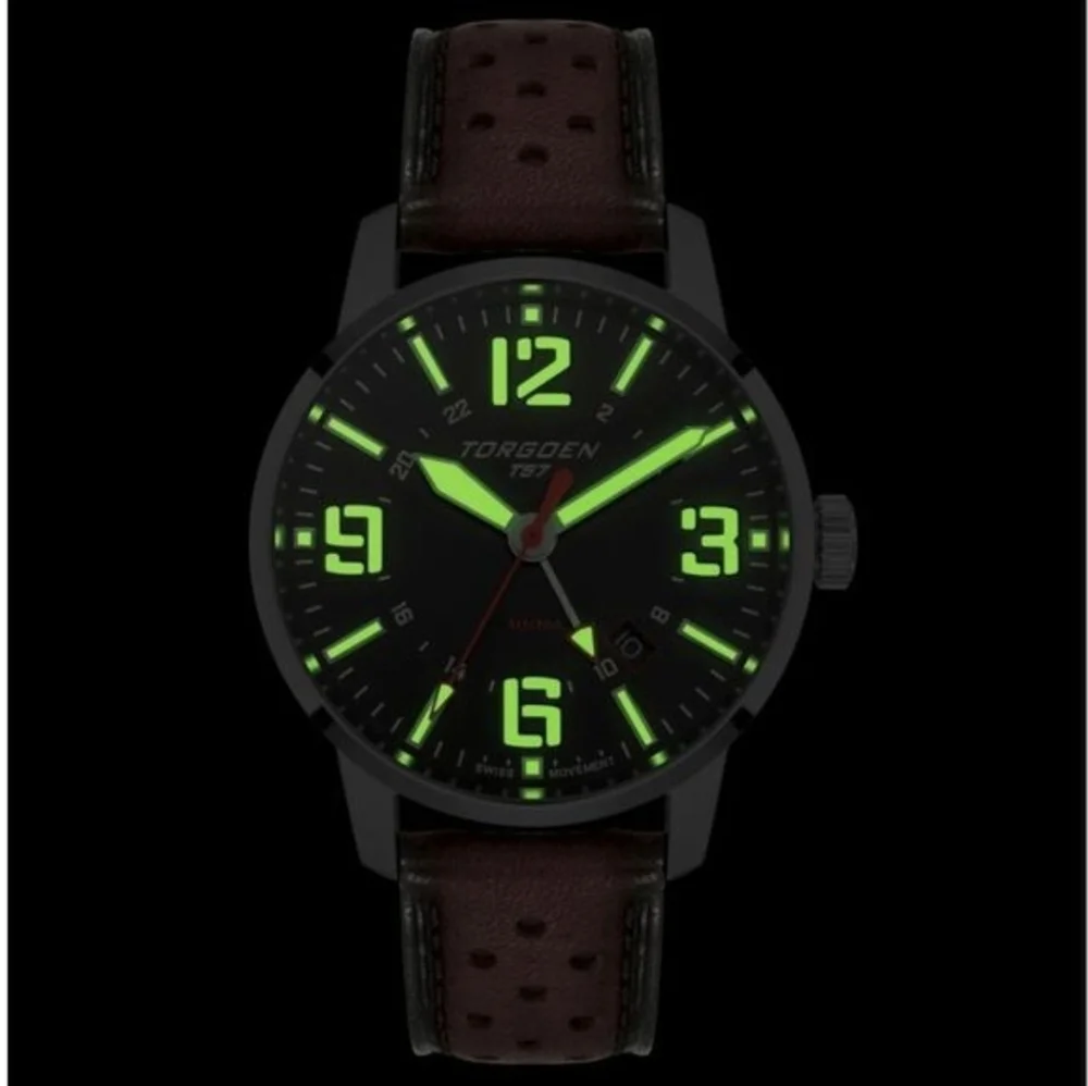 New Torgoen TN-1289 T57 Brown GMT Sapphire 41mm Leather Strap Watch